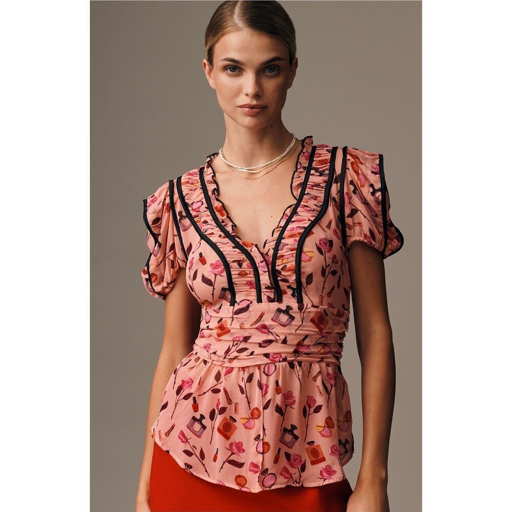 Anthropologie Maeve  V-Neck Puff-Sleeve Printed Blouse. Size L.  Retails $118